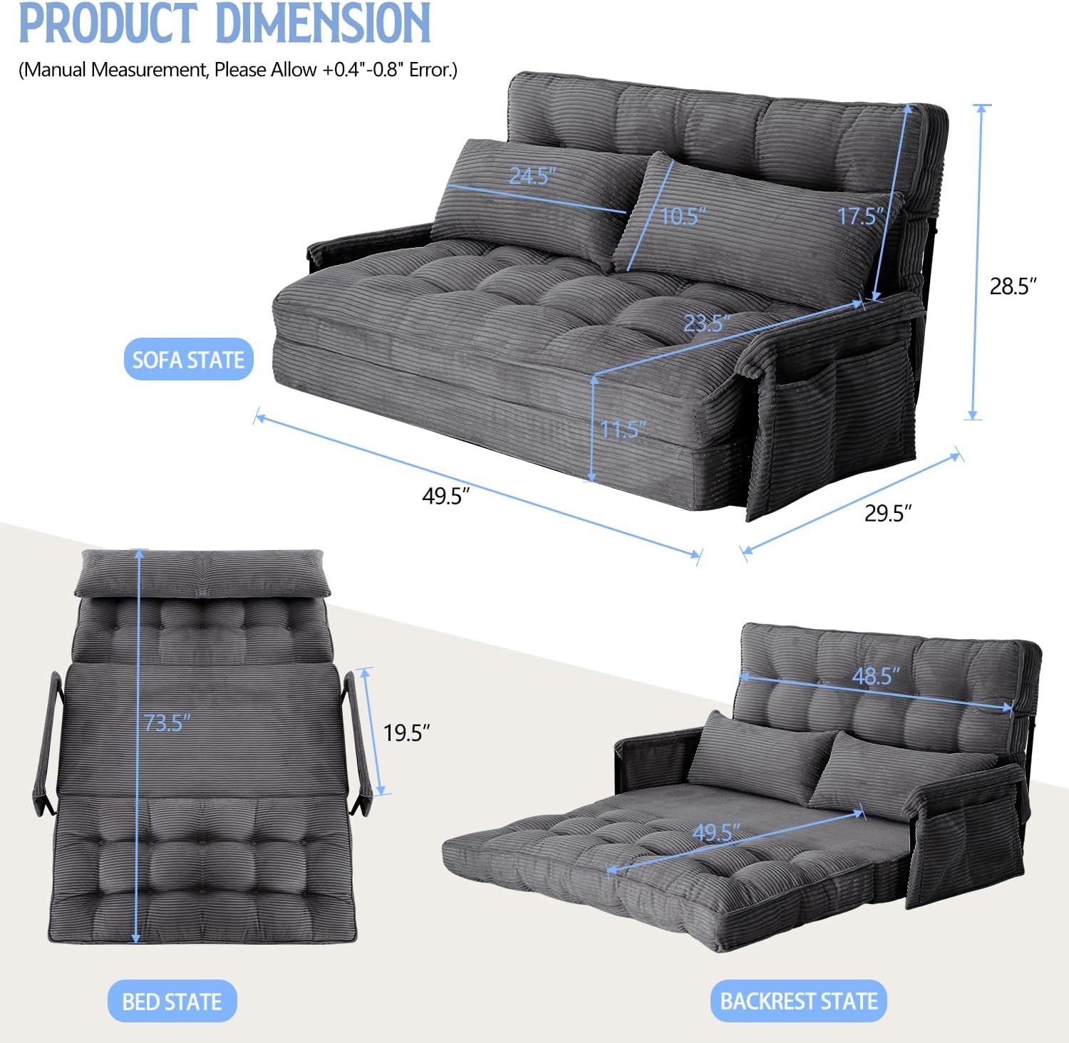Convertible Futon Sofa Bed with Adjustable Backrest Pillows,Folding Loveseat Sleeper Sofa,Corduroy Pull Out Couches with Side Pocket for Living Room Bedroom Lounge,Grey