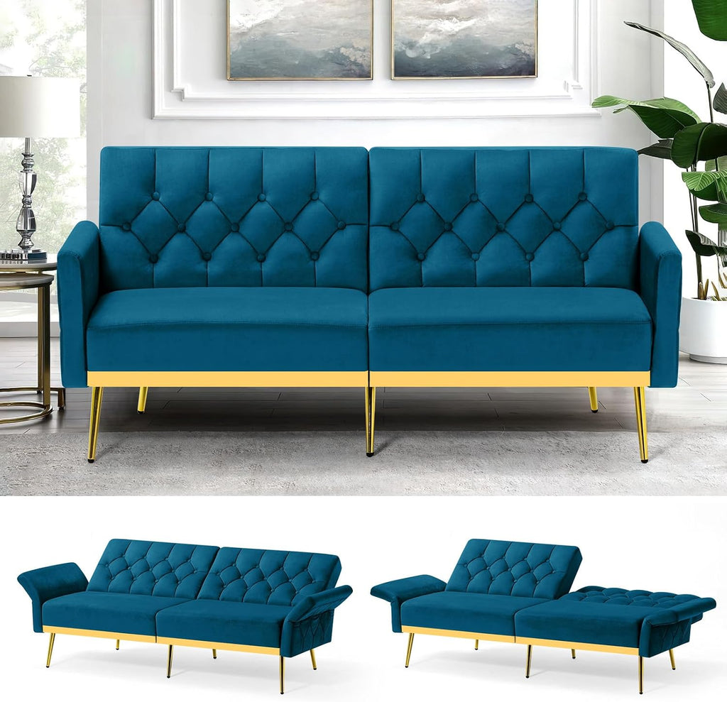Tufted Velvet Futon Sofa Bed w/Adjustable Armrests & Backrests, Comfortable Sleeper Couch, Modern Convertible Love seat Sofa for Living Room, Bedroom, Apartment, Teal