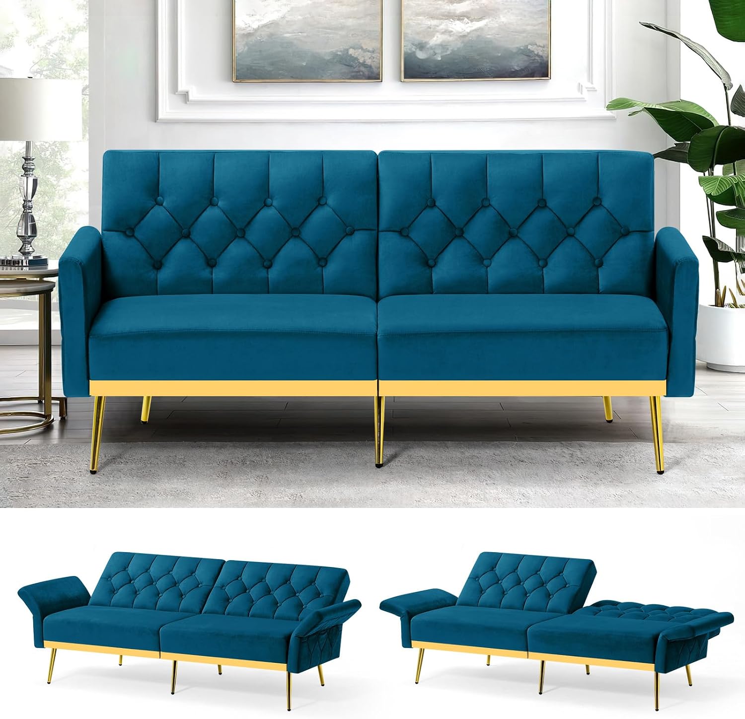 Tufted Velvet Futon Sofa Bed w/Adjustable Armrests & Backrests, Comfortable Sleeper Couch, Modern Convertible Love seat Sofa for Living Room, Bedroom, Apartment, Teal