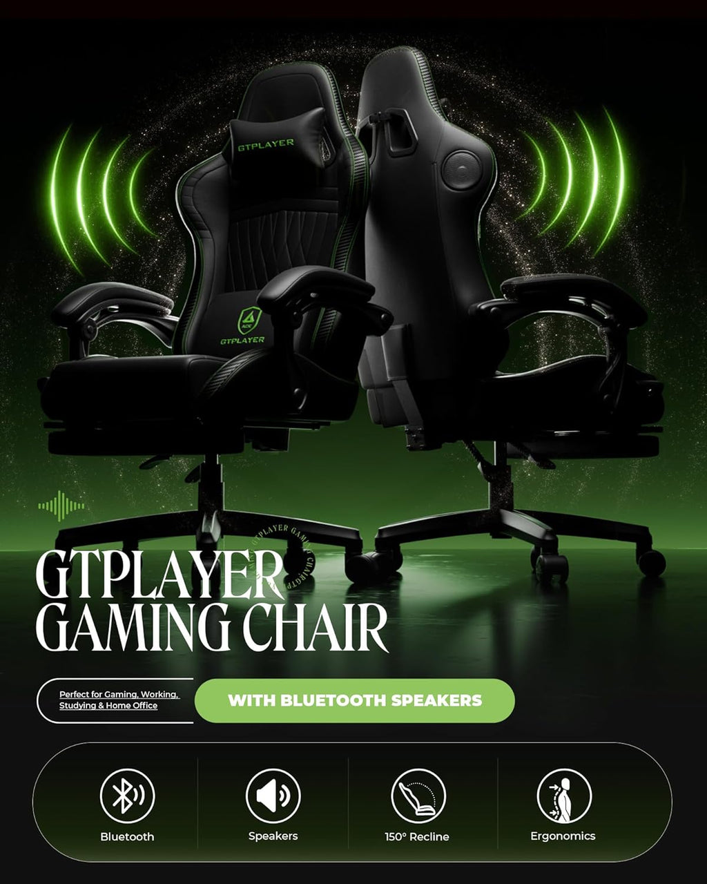 GTPLAYER ACE-PRO Music Gaming Chairs – Built-in Speakers, App Support & Bluetooth Control, Computer Game Chairs with Footrest for Adults, Ergonomic, Reclining, Linkage Armrest, Black