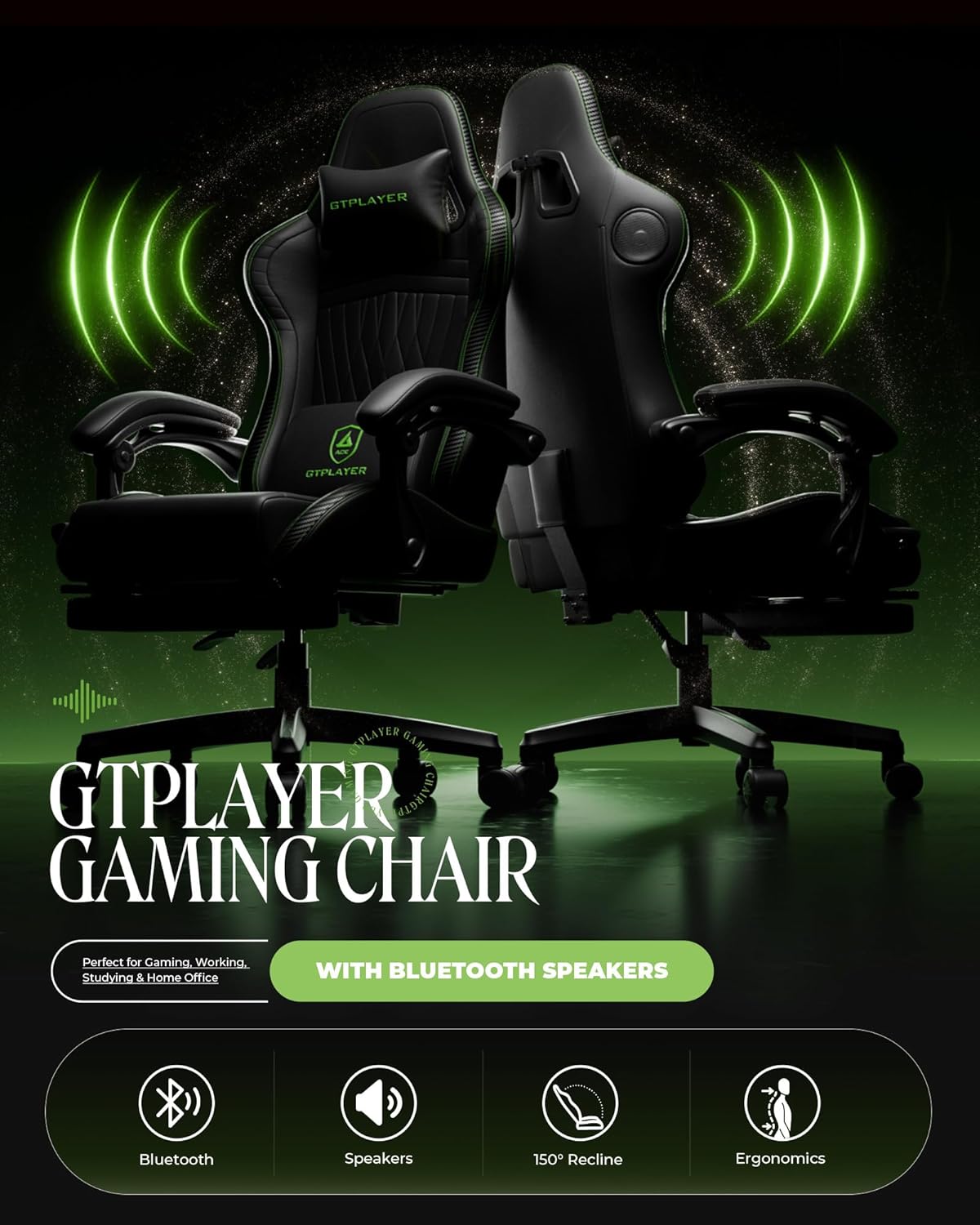 GTPLAYER ACE-PRO Music Gaming Chairs – Built-in Speakers, App Support & Bluetooth Control, Computer Game Chairs with Footrest for Adults, Ergonomic, Reclining, Linkage Armrest, Black