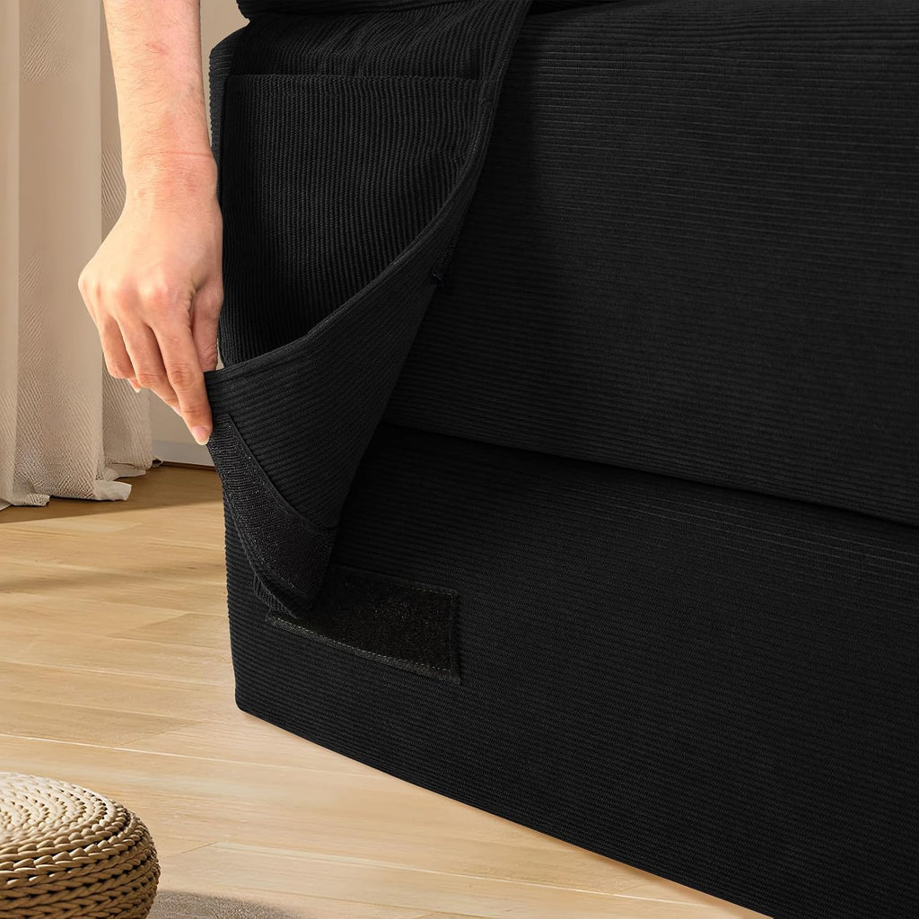 Convertible Futon Sofa Bed,80' Folding Pull Out Couch with Pillows & Storage Pocket (Black, Corduroy-35.5'W)