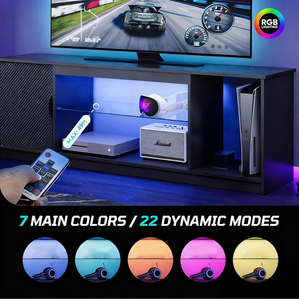 Bestier 57' LED TV Stand for 55/60/65 Inch TVs - Gaming Entertainment Center with RGB Lights, Adjustable Glass Shelves & Cabinet for PS5/Xbox, Modern Black TV Console for Living Room