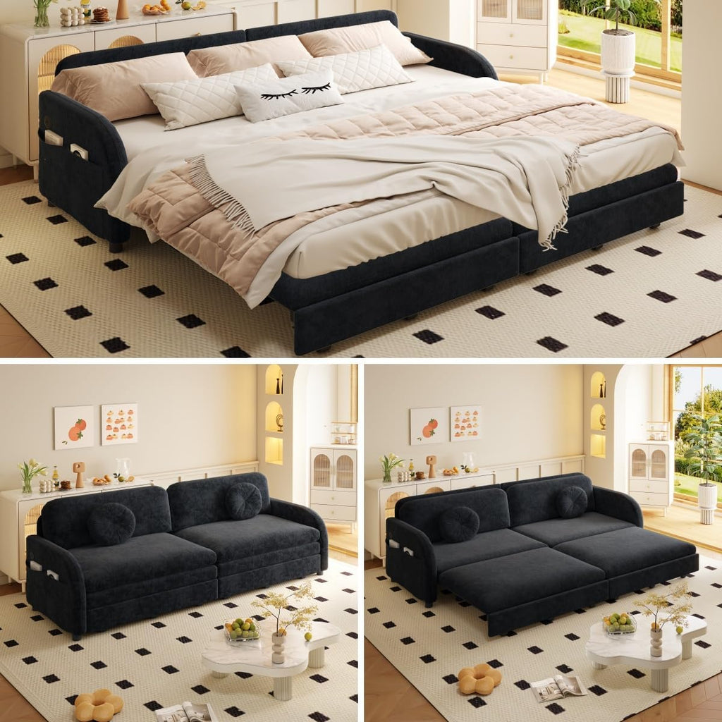 81.1'' Pull Out Couch Bed King Size, Chenille Sleeper Sofa Daybed, 3 in 1 Convertible Couches, Futon Sofa with 2 Pillows, Storage Pockets, USB, 3-Seater for Small Spaces, Living Room, Black