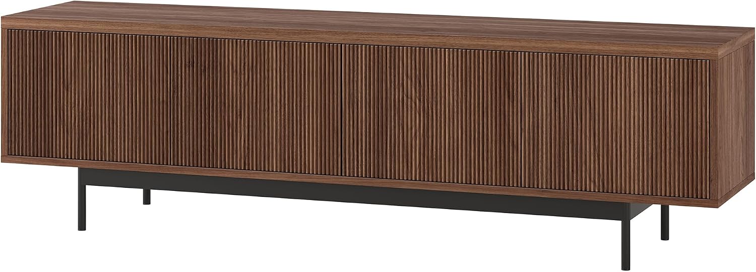 Henn&Hart Fluted TV Stand for TVs up to 75' with 2 Open-Concept Ribbed Storage Cabinets for Living Room, Family Room, or Office, Medium Walnut