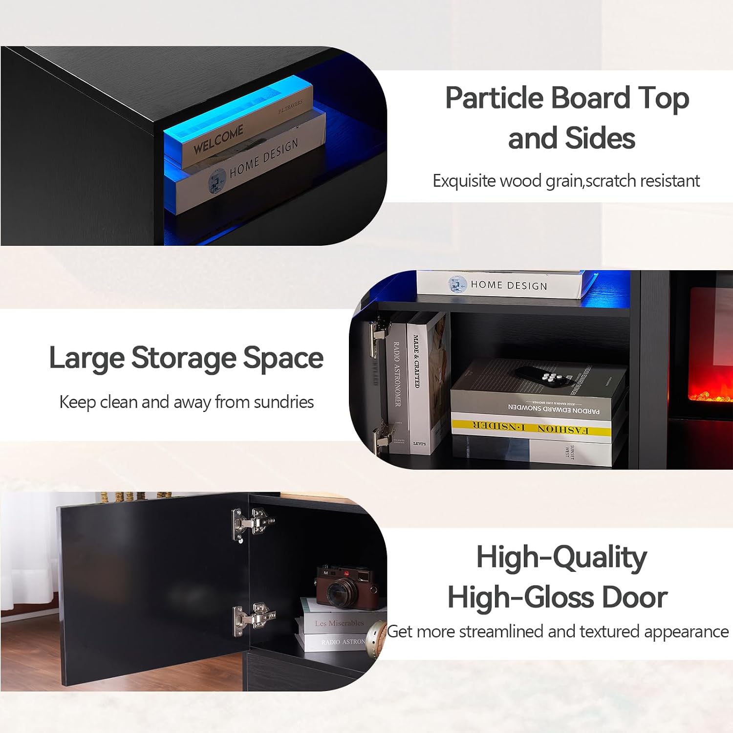 oneinmil Fireplace TV Stand with 36' Electric Fireplace, LED Light Entertainment Center, Modern Wood Texture Entertainment Stand with Highlight Storage Cabinet for TVs Up to 80', 70 inches, Black