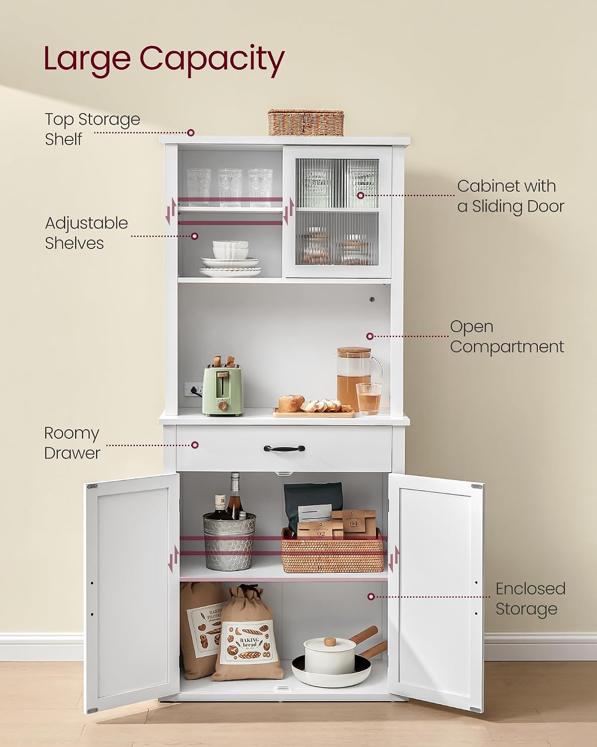 VASAGLE LIRY Collection - 71-Inch Tall Kitchen Pantry Cabinet with Lights and Charging Station, Coffee Bar Cabinet with Doors and Drawer, Farmhouse Style, Adjustable Shelves, Cloud White UBBK363W11