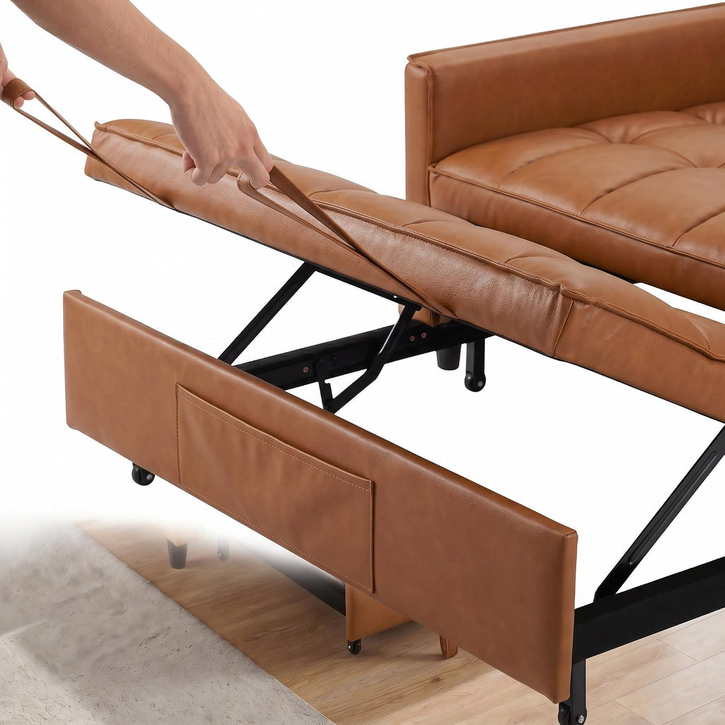 3 in 1 Convertible Sofa Bed, Loveseat Sleeper Sofa with Large Side Pockets, Pull Out Couch with Adjustable Backrest, Easy Assembly, PU Couch Bed for Small Spaces, Apartment, Brown