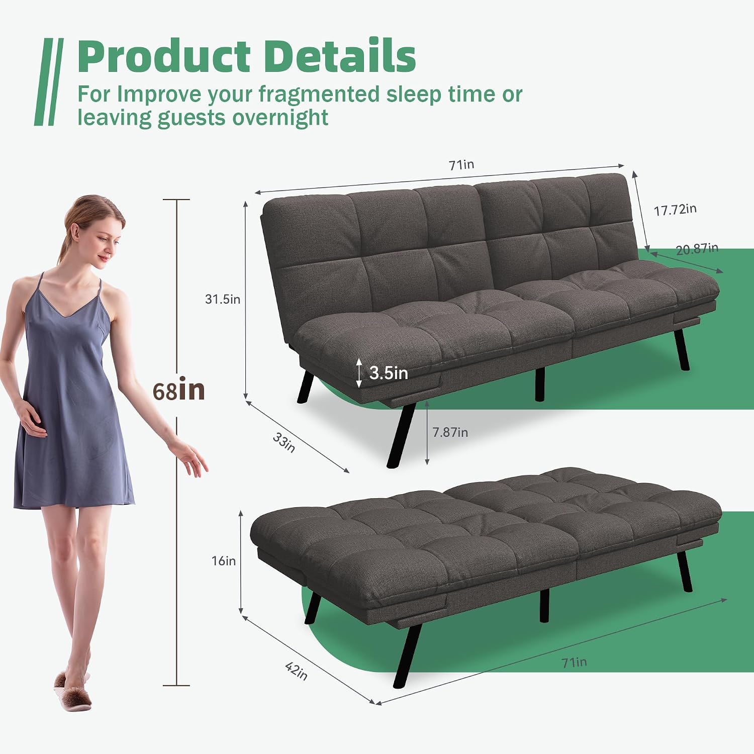 Opoiar Convertible Futon Sofa Bed,71' Memory Foam Futon Couch,Detachable Cushion,Adjustable Backrest & Armrest,Linen Modern Loveseat Sleeper Recliner for Living Room,Office,Apartment,Retro Grey