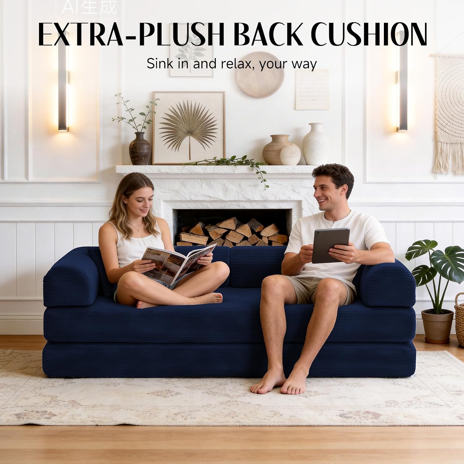 79' Corduroy Sofa Bed, Boneless Couch in a Box with 2 Pillows, High-Density Foam 4-in-1 Foldable Sleeper Futon Loveseat for Small Spaces, No Assembly, Side Pockets, Round Arm Blue
