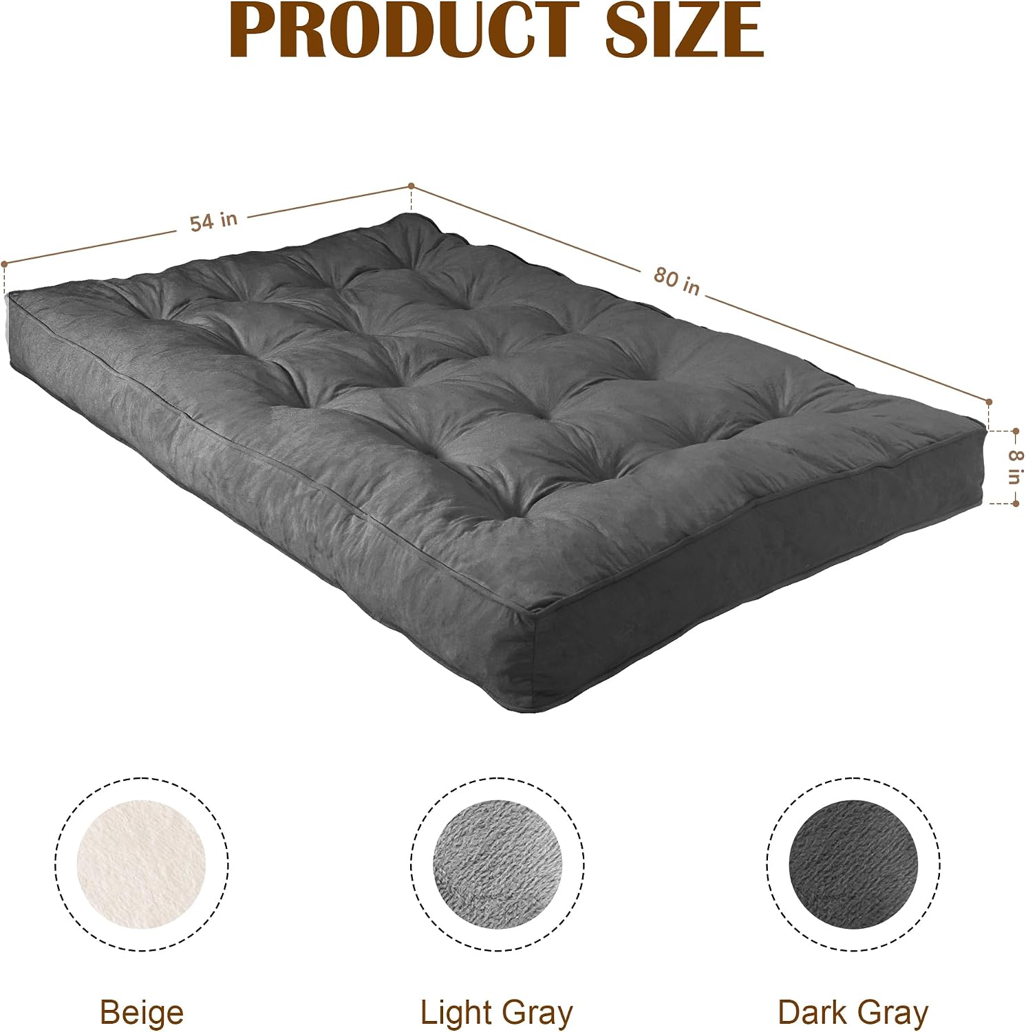 8' Futon Mattress Full Size 54' x 80', Thick Futon Sofa Couch Bed for Adults, Velvet Floor Futon Mattress Shredded Foam Filling, Tatami Sleeping Mat for Camping, Dorm, Dark Gray(Frame Not Included)