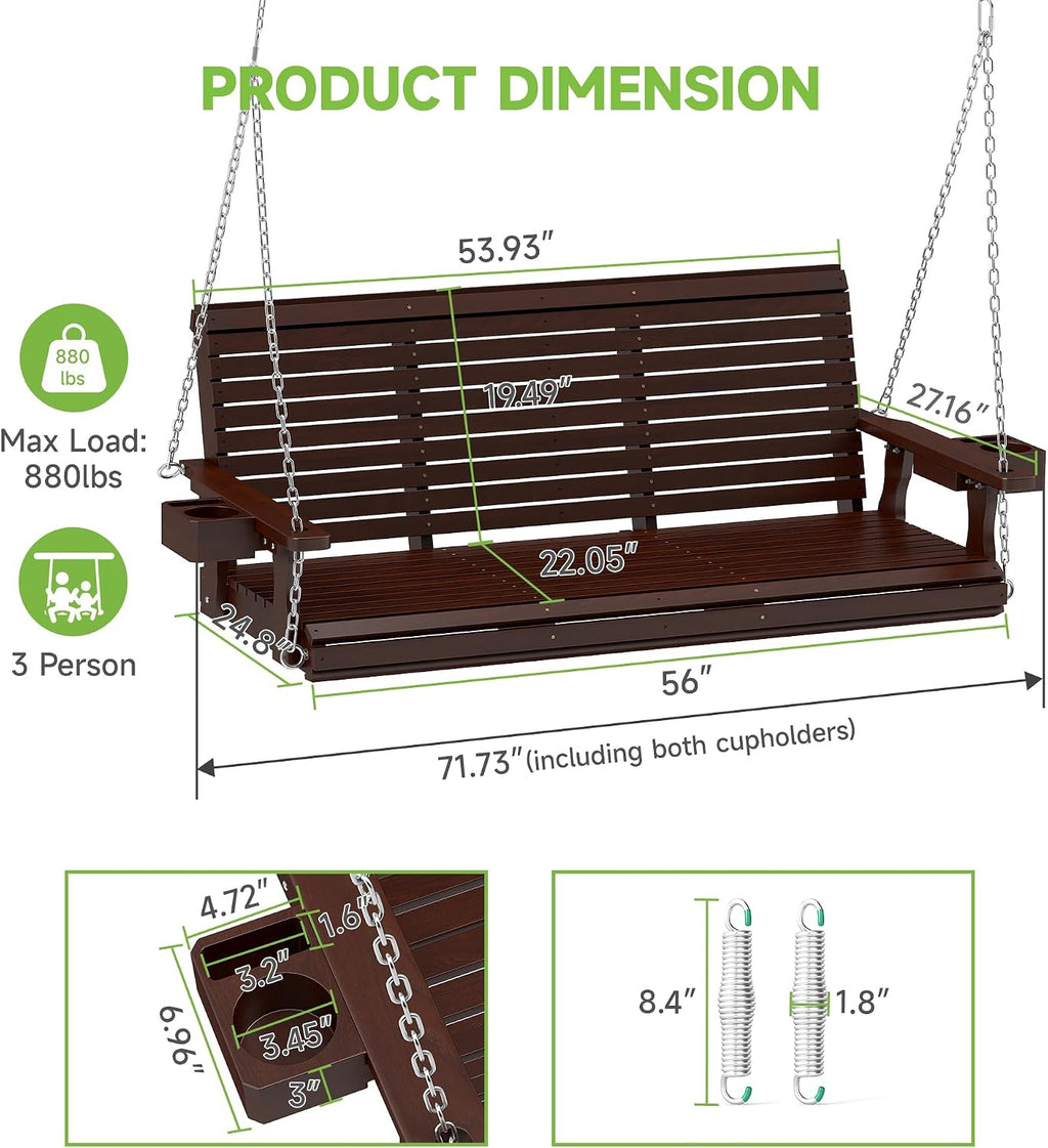 Real Relax Front Porch Swing, Wooden 3 Person Outdoor Hanging Patio Swing Chair with Cup Holders, Upgraded 22' Deep Seat Bench, Heavy Duty 880 Lbs for Courtyard, Garden, Backyard 5 Ft (Brown)