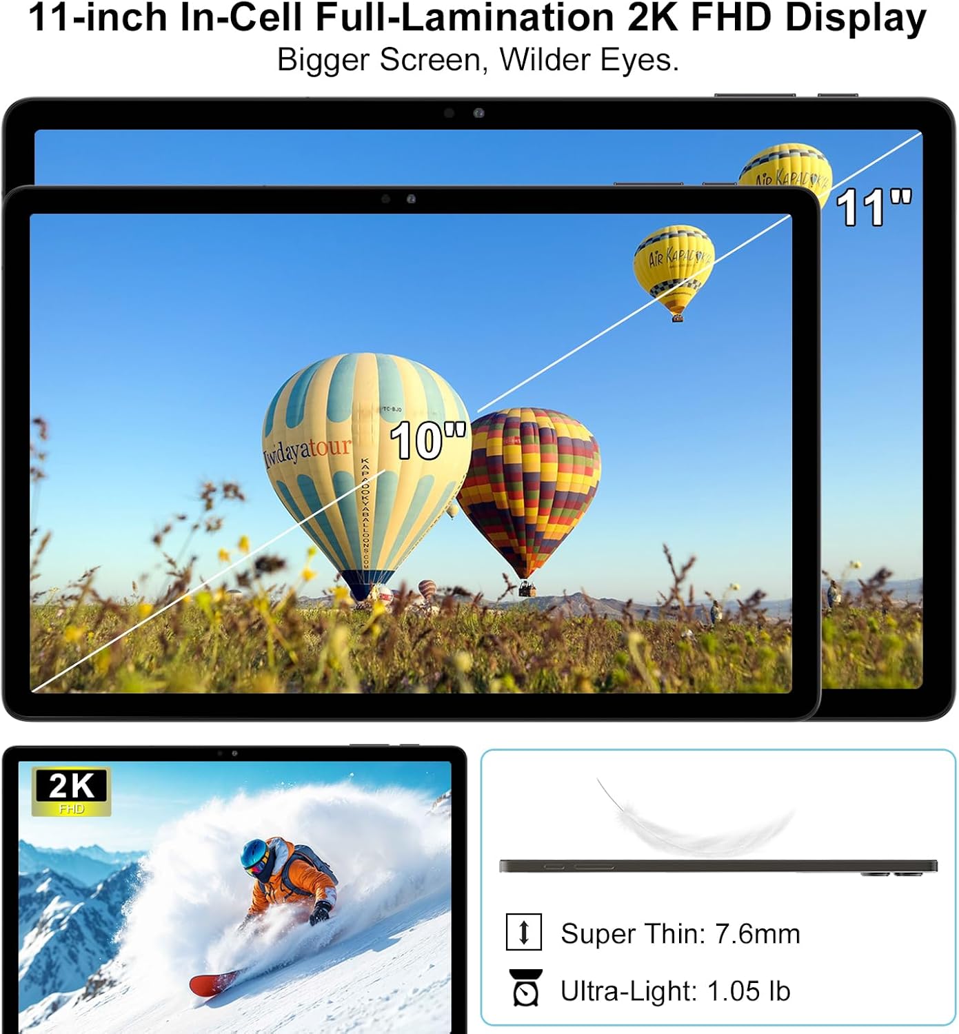 2026 Latest 11 inch Android Tablet, 18GB RAM 128GB ROM, 1TB Expandable, 2K Display, T616 Octa-Core, 13MP+5MP+5MP Camera, 9000mAh Battery, GPS, Face ID, Quad Speakers, Tablet with Keyboard and Pen
