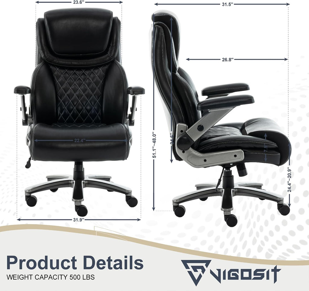 Vigosit 500 lbs Executive Office Chair for Big and Tall, Ergonomic High-Back Desk Chair with Adjustable Headrest, 3D Reversible Armrests, Silent Casters, Heavy Duty PU Leather Computer Chair (Black)