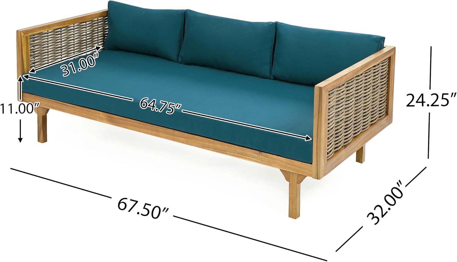 Merax 67.5' Outdoor Patio Daybed 3 Seater Sofa Bed,Acacia Wood Frame with Rattan Arm,Cushion & Pillow for Courtyard