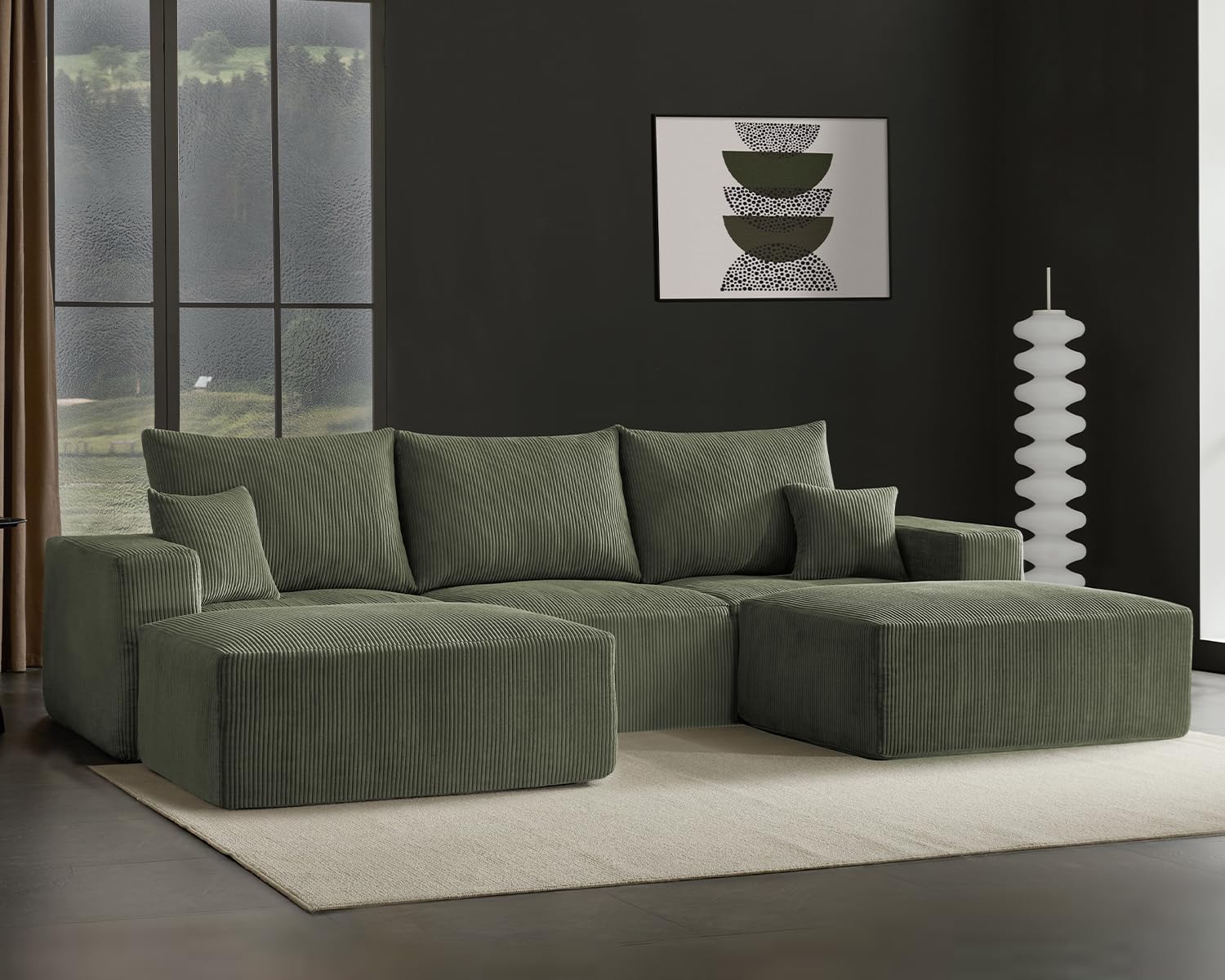 Gericco 113' Modular Sectional Couch, Cloud Boneless Sofa with Deep Seats, Upholstered Corduroy Square Stuffed Pouf, 2 Pcs 40 * 31 Inch Furry & Fluffy Movable Foot Stool for Living Room, Green