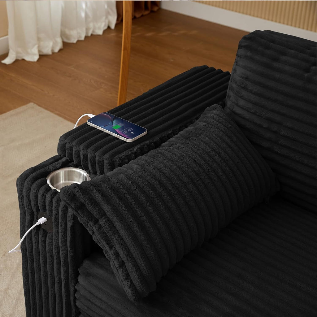 Convertible Corduroy Sofa Bed with USB Charging Port & Cup Holders, 68.11' Foldable Sleeper Chair with Armrests & Pillows, 3-in-1 Floor Futon for Living Room, Bedroom, Guest Room，Easy Assembly