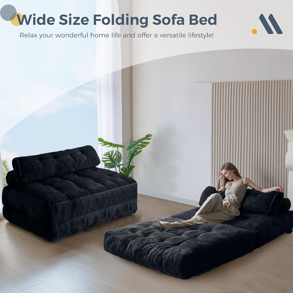 MAXYOYO Folding Sofa Bed, Convertible Sleeper Chair with Pillow Foldable Mattress with Back Support, Portable Fold Out Chair Bed Comfy Floor Sofa Lounge for Living Room Bedroom, Black Double
