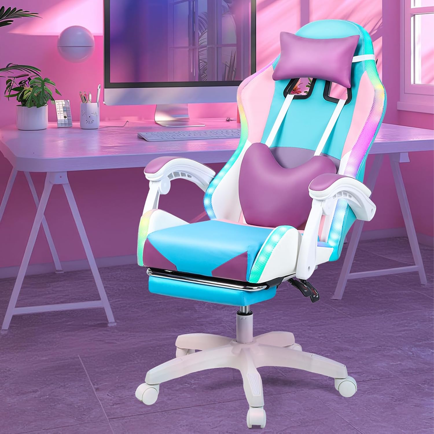 Gaming Chair with LED Lights, Gamer Chair with Height Adjustable, Ergonomic Massage Computer Gaming Chair with Footrest, Video Game Chair with Lumbar Support for Adults