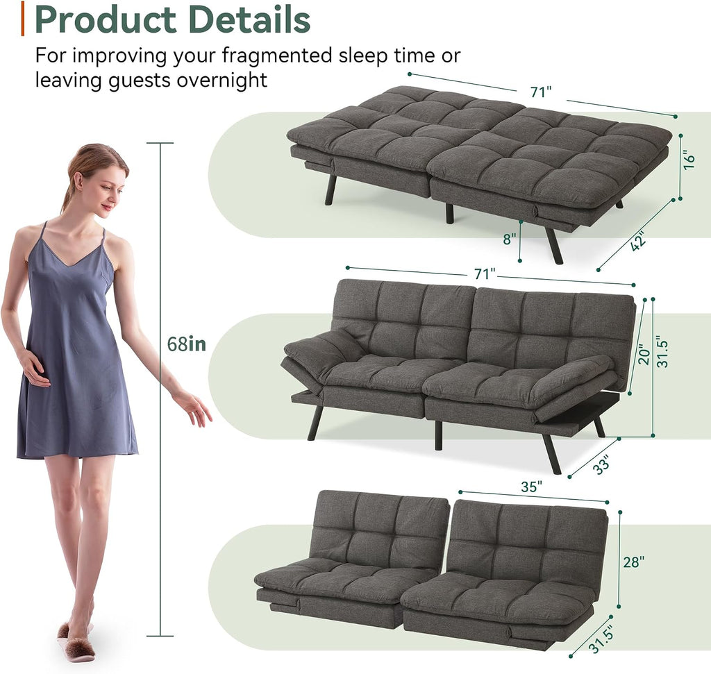 Opoiar 71' L Convertible Futon Sofa Bed,Linen Fabric Futon Couch,Loveseat Sleeper Sofa,Soft Cushions Love Seat Daybed for Studio, Apartment, Office, Small Space, Compact Living Room,Grey