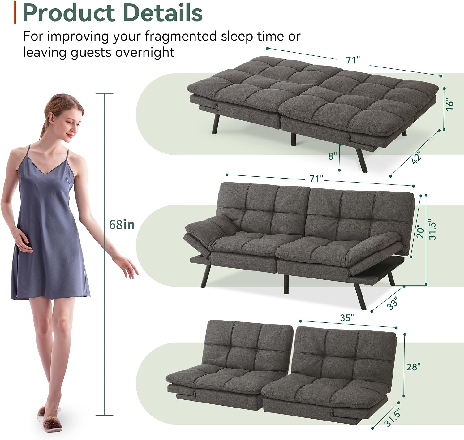 Opoiar 71' L Convertible Futon Sofa Bed,Linen Fabric Futon Couch,Loveseat Sleeper Sofa,Soft Cushions Love Seat Daybed for Studio, Apartment, Office, Small Space, Compact Living Room,Grey