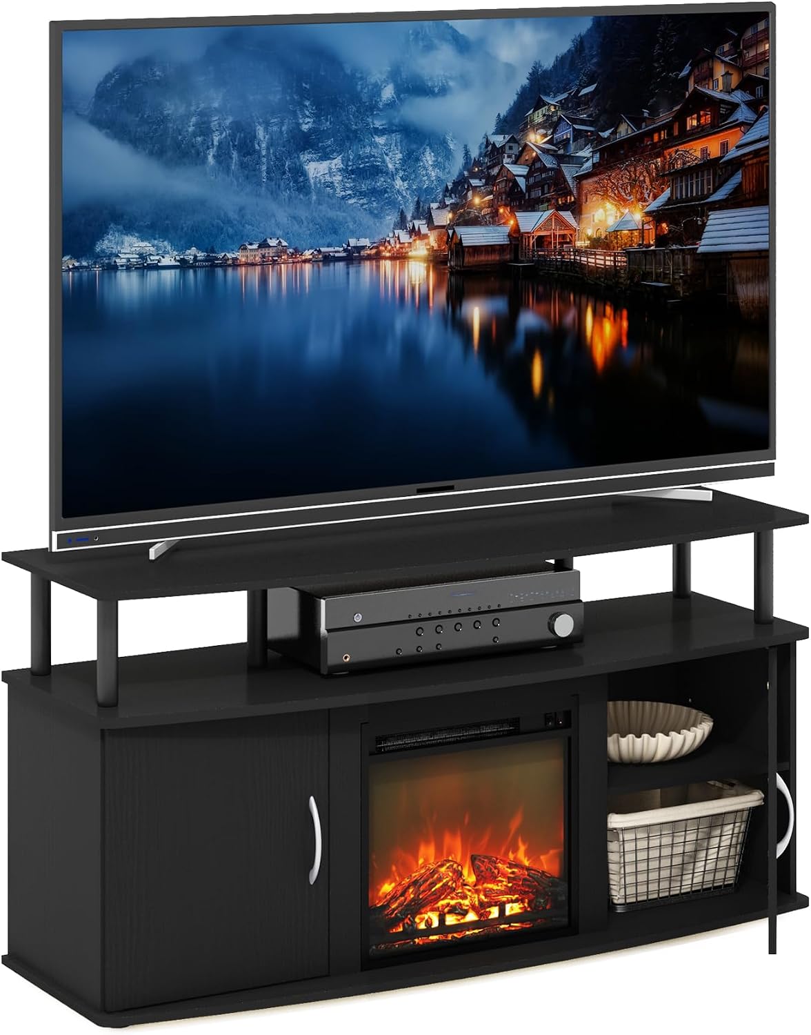 Furinno Jensen TV Stand with Fireplace, Entertainment Center, TV Console for TV up to 55 Inch and Open Shelf, Storage Cabinet, for Living Room, Bedroom, Dark Americano