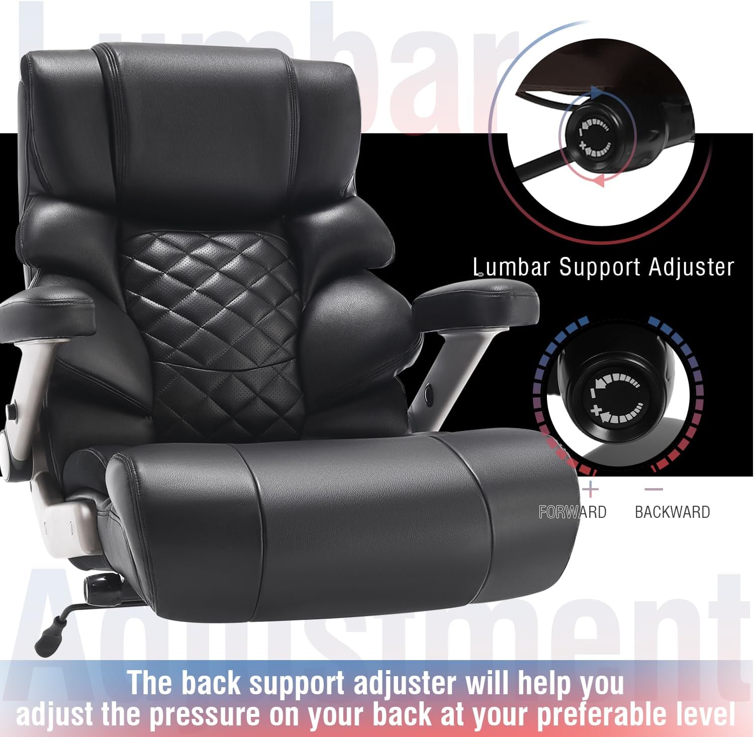 700lbs Big and Tall Office Chair - Adjustable Lumbar Support Heavy Duty Metal Base Quiet Rubber Wheels High Back Large Executive Computer Desk Swivel Chair, Ergonomic Design for Back Pain, Black