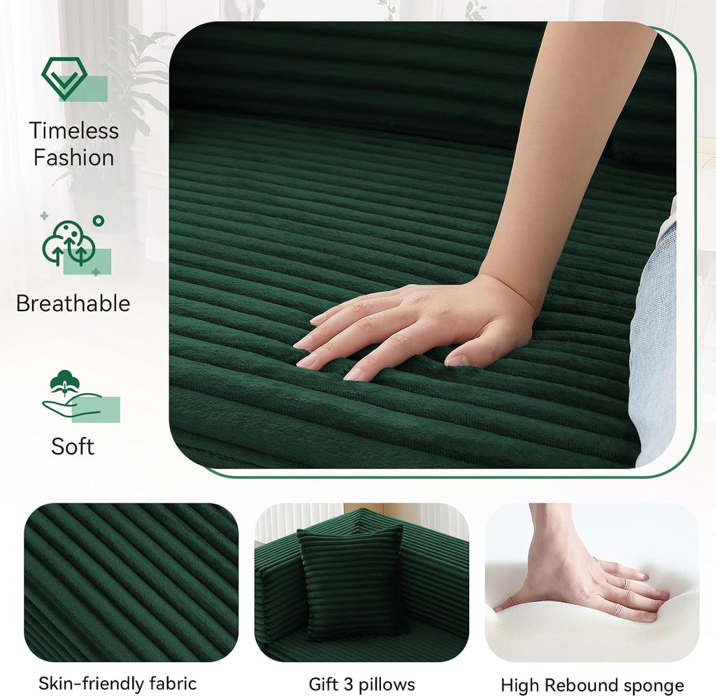 KBQ 3-Seat Convertible Sleeper Sofa Bed with 3 Pillows, Boneless Sofa in a Box Corduroy Folding Mattress Couch, Floor Sofa Lounge Couch for Living Room Bedroom Lounge, Deep Green