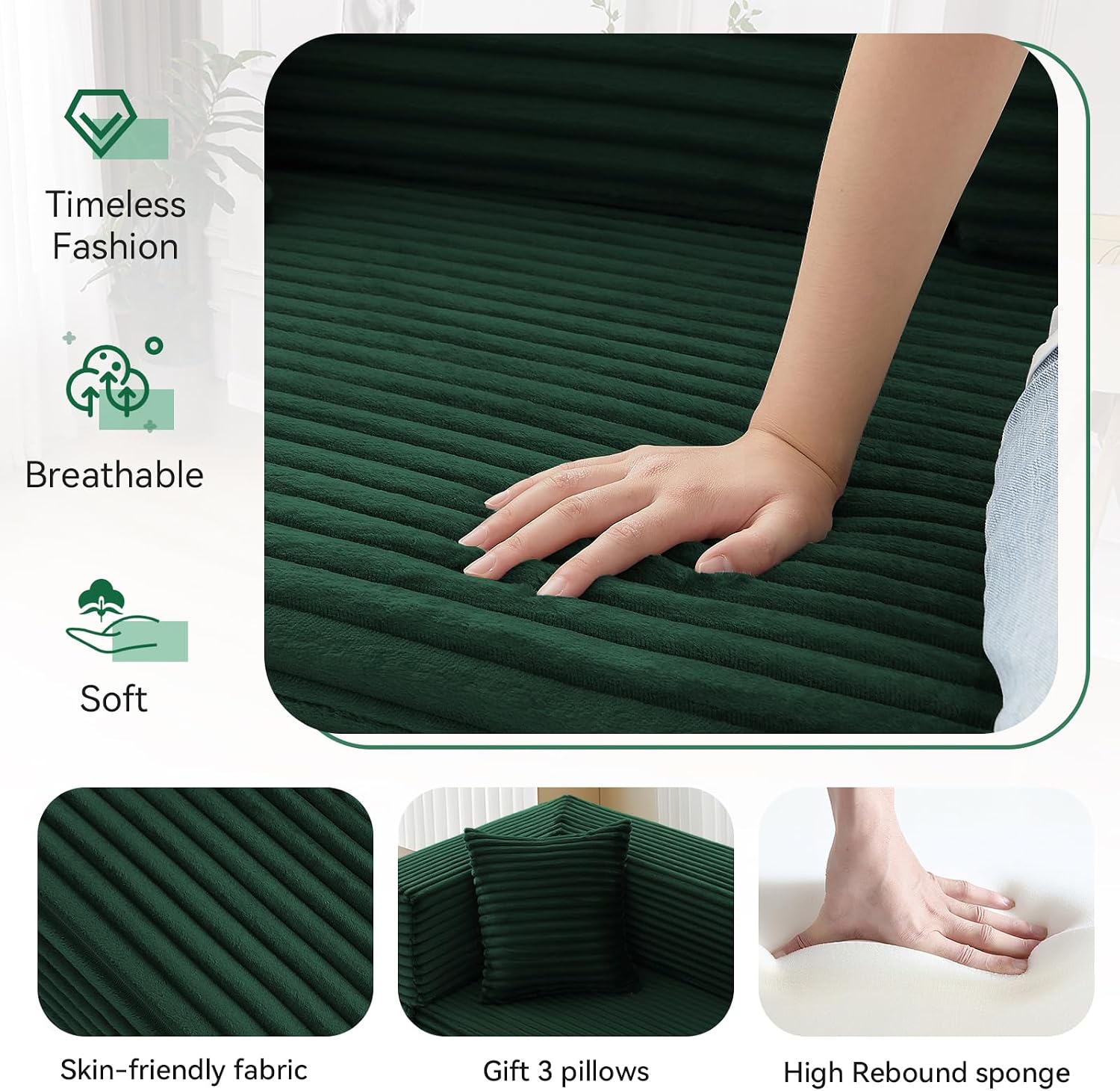 KBQ 3-Seat Convertible Sleeper Sofa Bed with 3 Pillows, Boneless Sofa in a Box Corduroy Folding Mattress Couch, Floor Sofa Lounge Couch for Living Room Bedroom Lounge, Deep Green