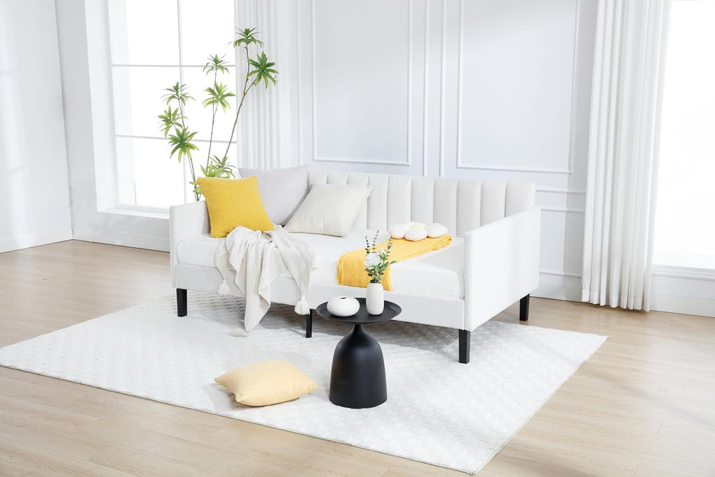 GDFStudio Twin Size Upholstered Daybed, Futon Sofa Bed Ribbed Tufted Backrest Lavish Modern Design, Couch Bed Frame for Bedroom Living Room Guest Room Apartment,Ivory Boucle
