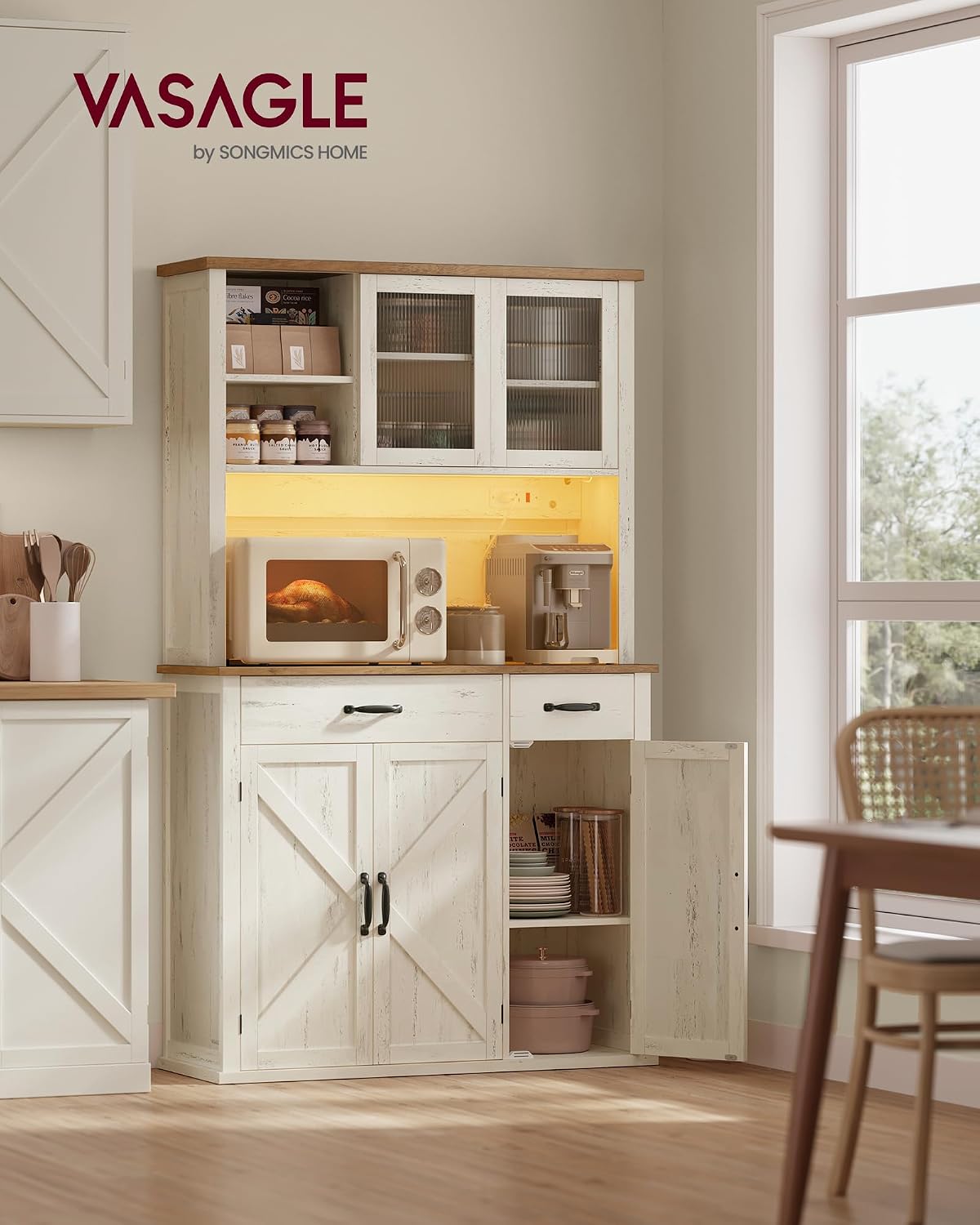 VASAGLE Pantry Cabinet with Lights and Charging Station, Kitchen Storage Cabinet with Doors and Drawers, 15.6 x 41.9 x 71.1 Inches, Adjustable Shelves, Farmhouse Style, Rustic White UBBK391W01