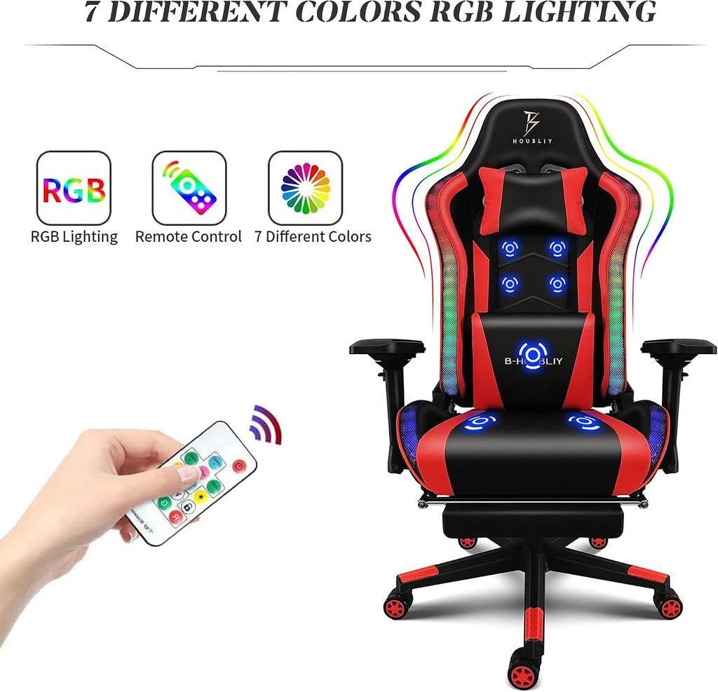 Ergonomic High Back RGB Gaming Chair with Footrest, Massage Video Game Chairs with Speakers, Computer Chair with 4D Handrail Lumbar Support PU Leather 360° Swivel Racing Chair,Black