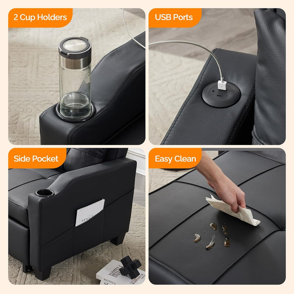 VINGLI Black Sleeper Chair Bed 3-in-1 Convertible Futon Sofa Bed Pull Out Couch Bed Adjustable Recliner Chair with USB Ports Cup Holders Side Pockets for Living Room Bedroom Small Spaces