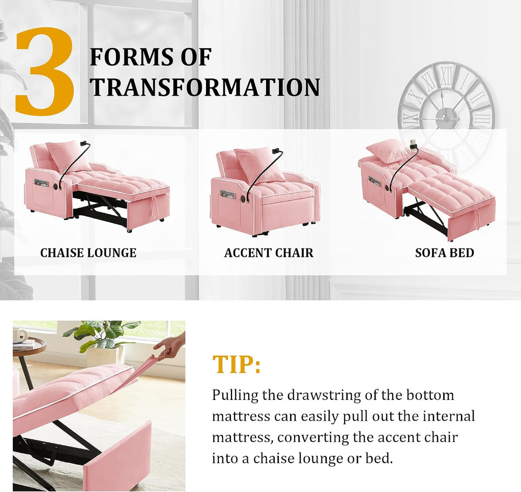 Convertible Single Sleeper Chair Bed,3 in 1 Velvet Futon Sleeper Sofa Bed with Phone Holder&USB Ports,Pull Out Couch Bed,Adjustable Recliner Armchair bed for Living Room,Office,Small Places(Pink)