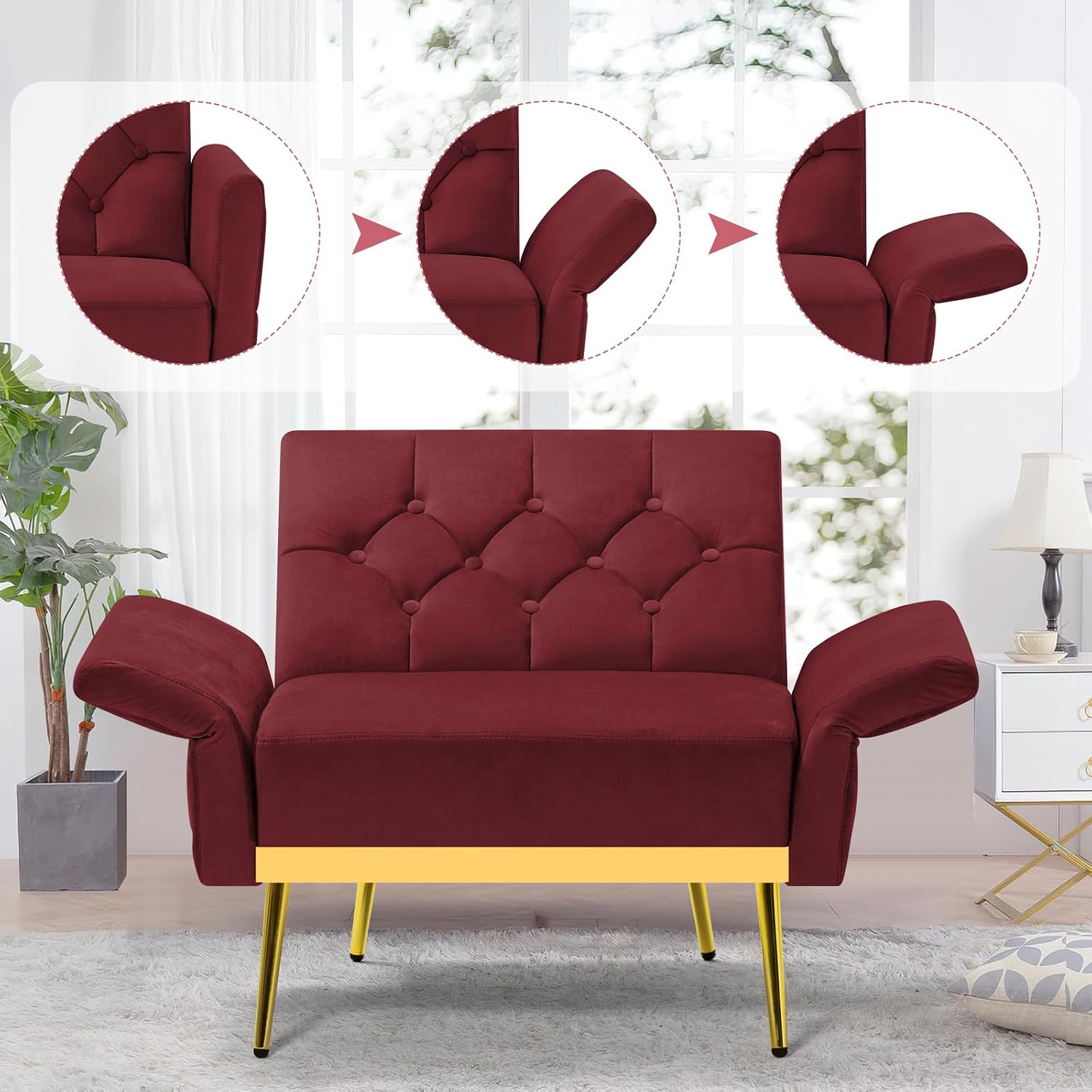 2 Pieces Velvet Sofa Set w/Adjustable Armrests and Backrests, Tufted Accent Chair w/Ottoman, Convertible Futon Sofa Bed for Bedroom, Living Room, Apartment, Red