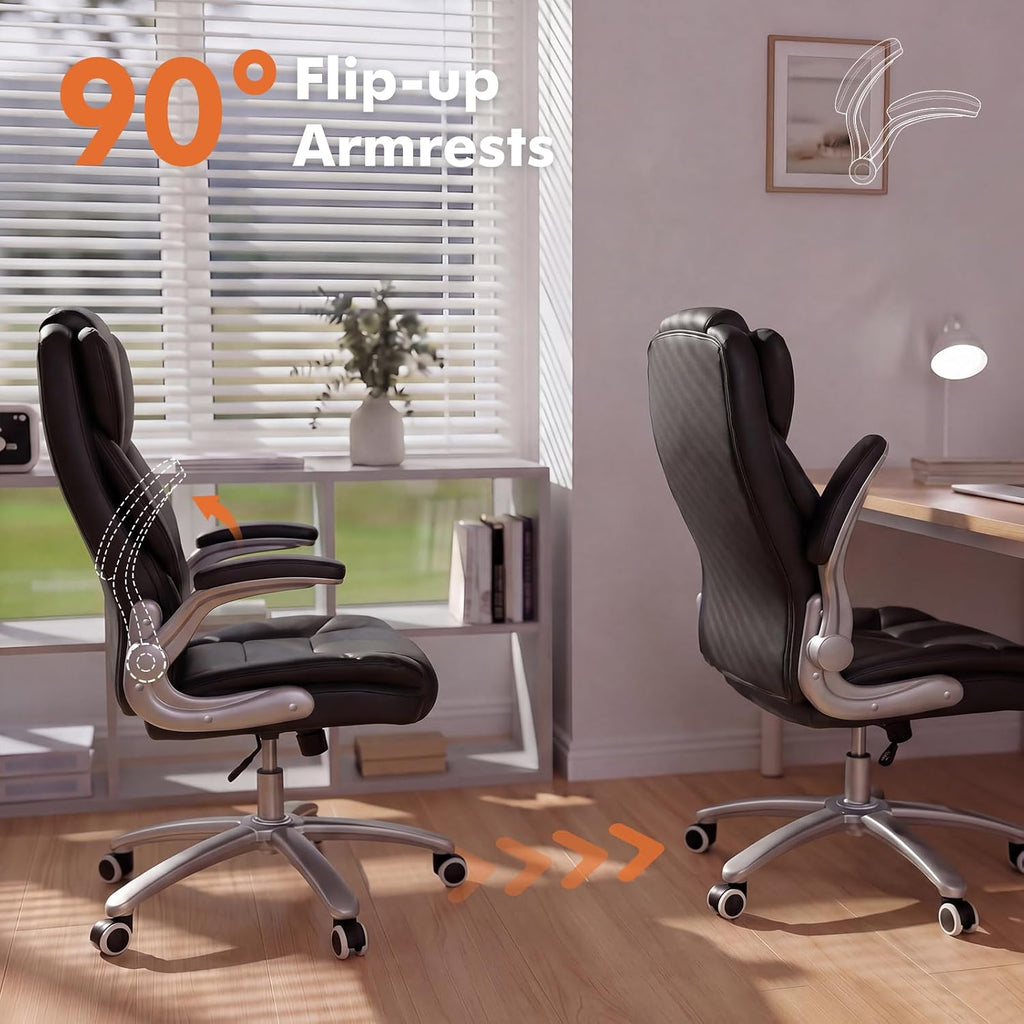 GYI Big and Tall Office Chair 400lb Wide Seat, Ergonomic High Back Leather Executive Desk Chair with Flip-up Arms, Black