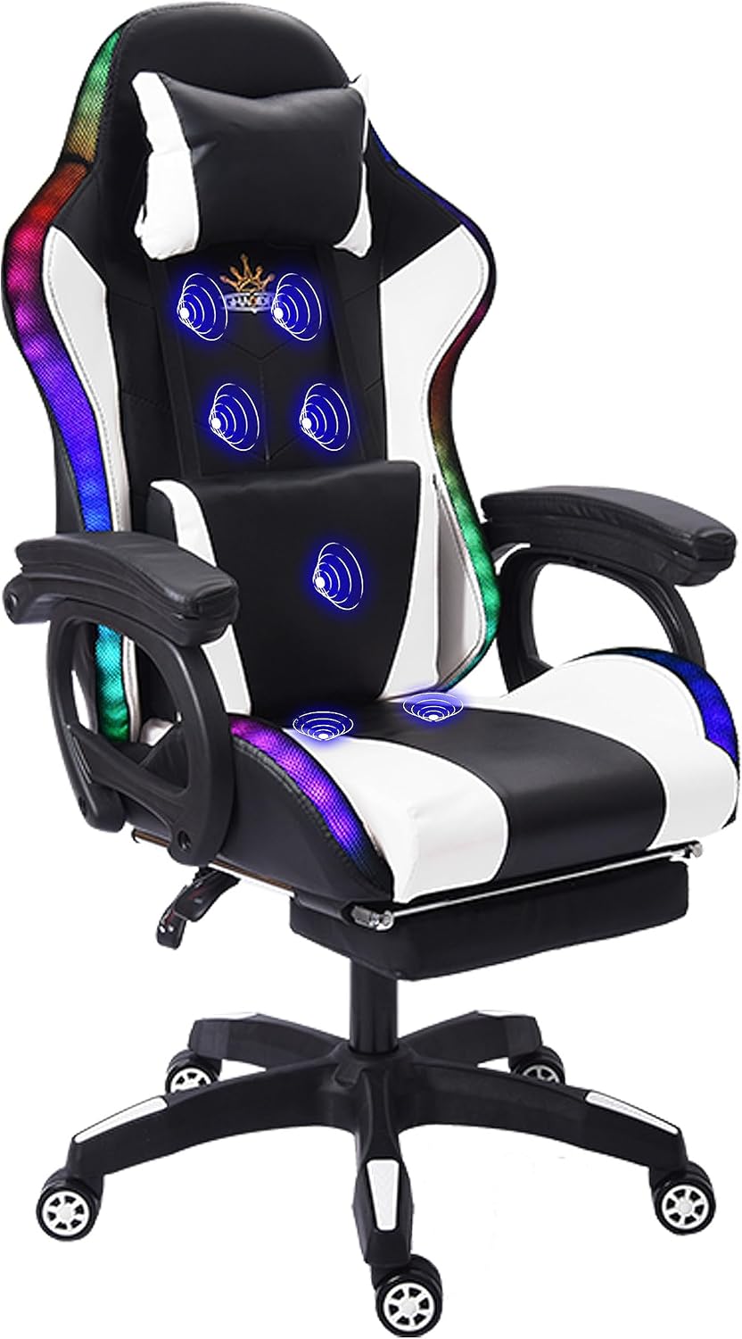 Ergonomic Professional Gaming Chair, Gaming Chair with Massage, Speaker, LED Light, and Footrest, Comfortable Computer Recline with Headrest and Lumbar Support.,White
