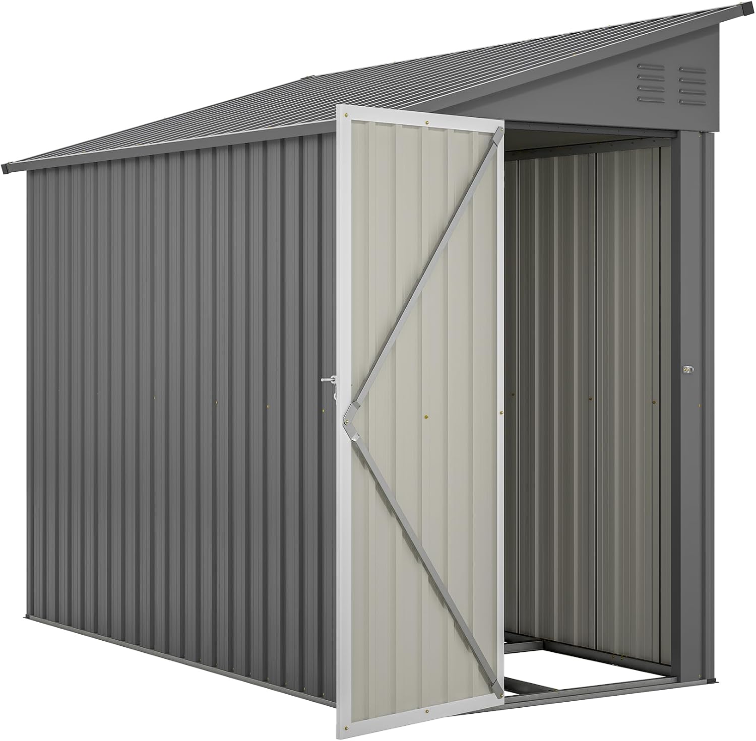 YOPTO 4×8 FT Lean to Metal Shed,Outdoor Heavy-Duty Storage Shed with Floor Base,All Weather Waterproof Garden Tool House W/Lockable Door&2 Air Vents,Reversible Door Design,for Backyard,Patio,Lawn,Gray