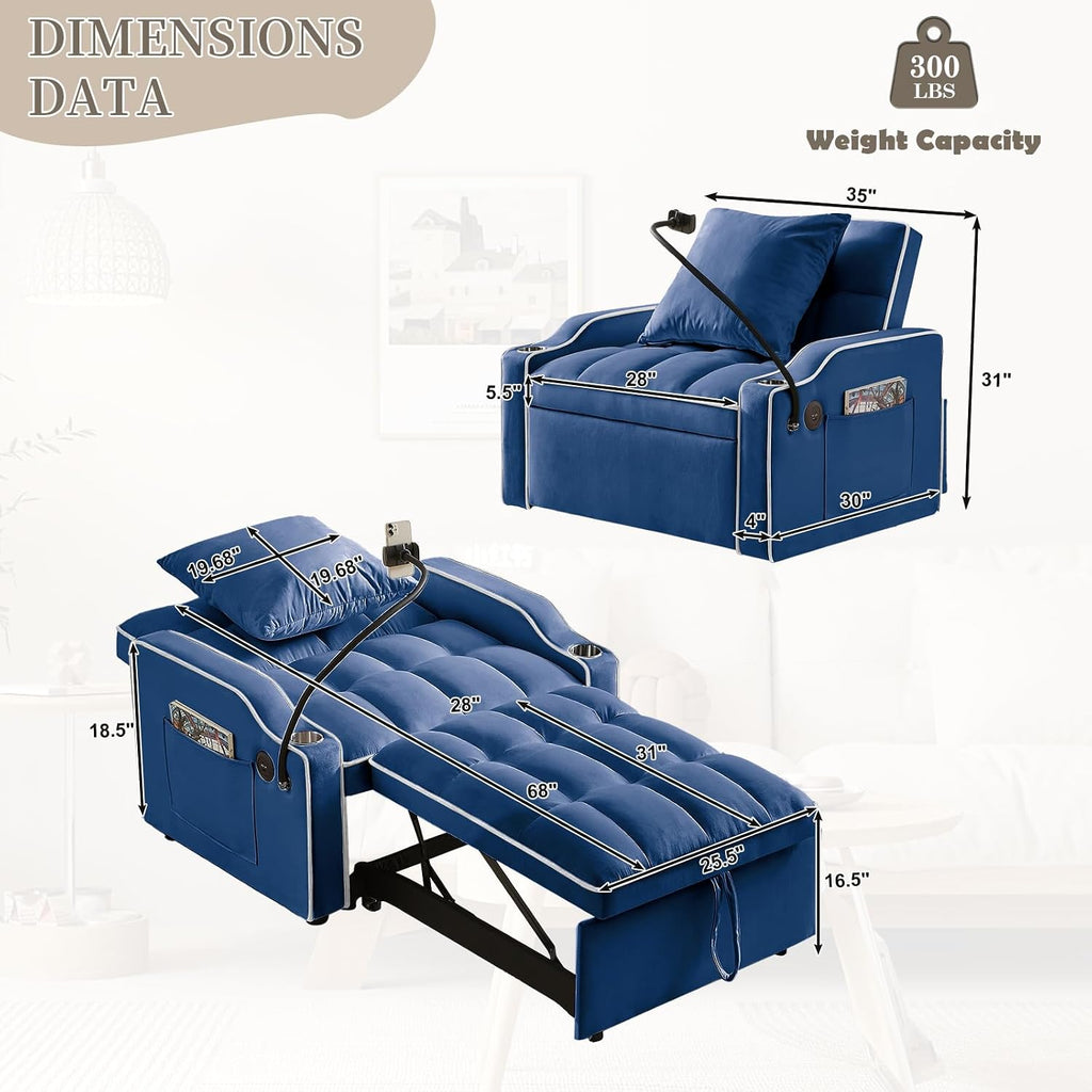 Convertible Single Sleeper Chair Bed,3 in 1 Velvet Futon Sleeper Sofa Bed with USB Ports & Phone Holder,Pull Out Couch Bed,Adjustable Recliner Armchair bed for Living Room,Office,Small Places(Blue)