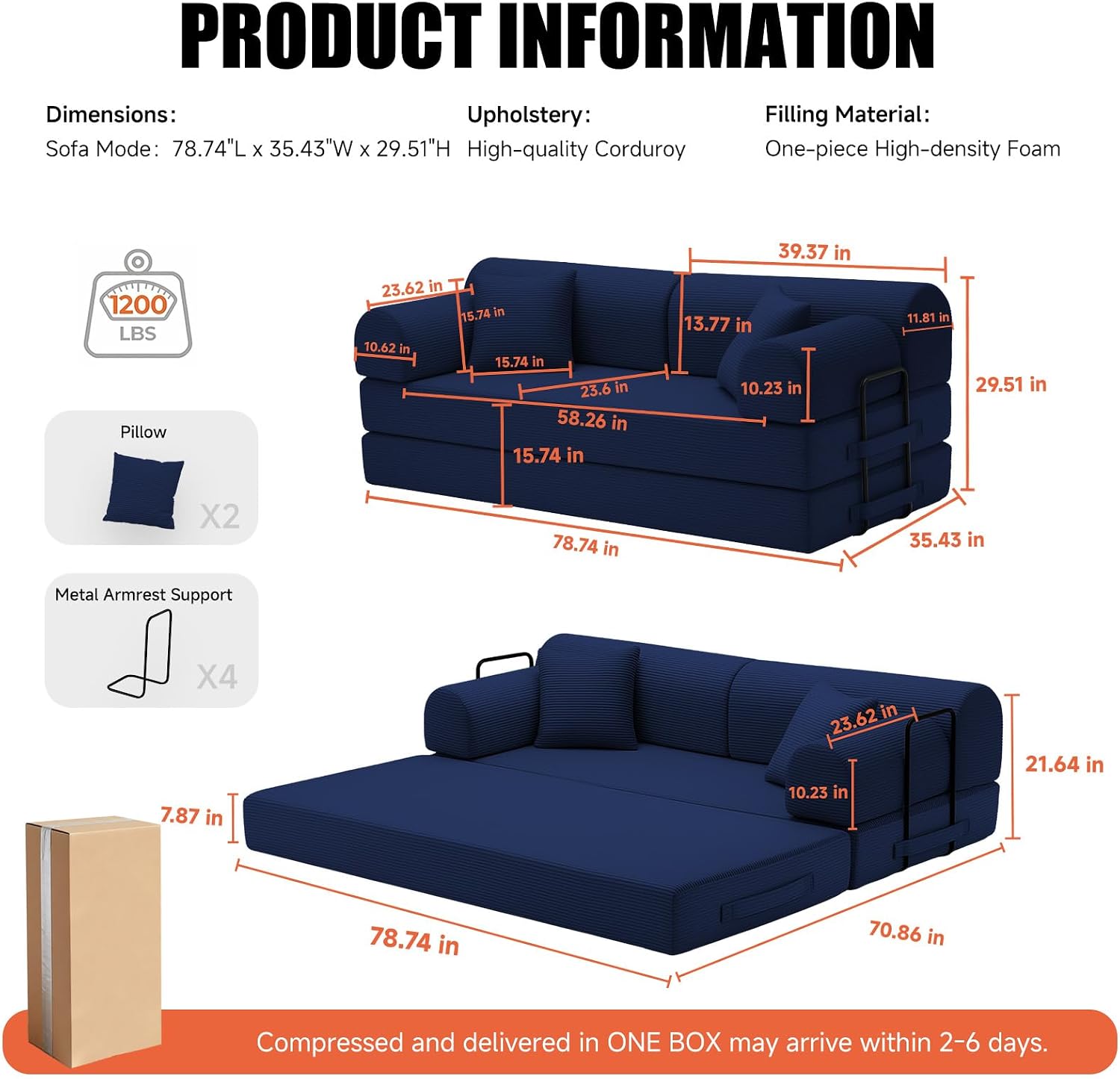 78.8' Memory Foam Boneless Couch, Corduroy Floor Sofa Bed, Convertible Sleeper Futon Loveseat, Wide Armrests & Back Support, Supports Up to 1200 lbs, Couch in a Box with 2 Pillows, Navy Blue