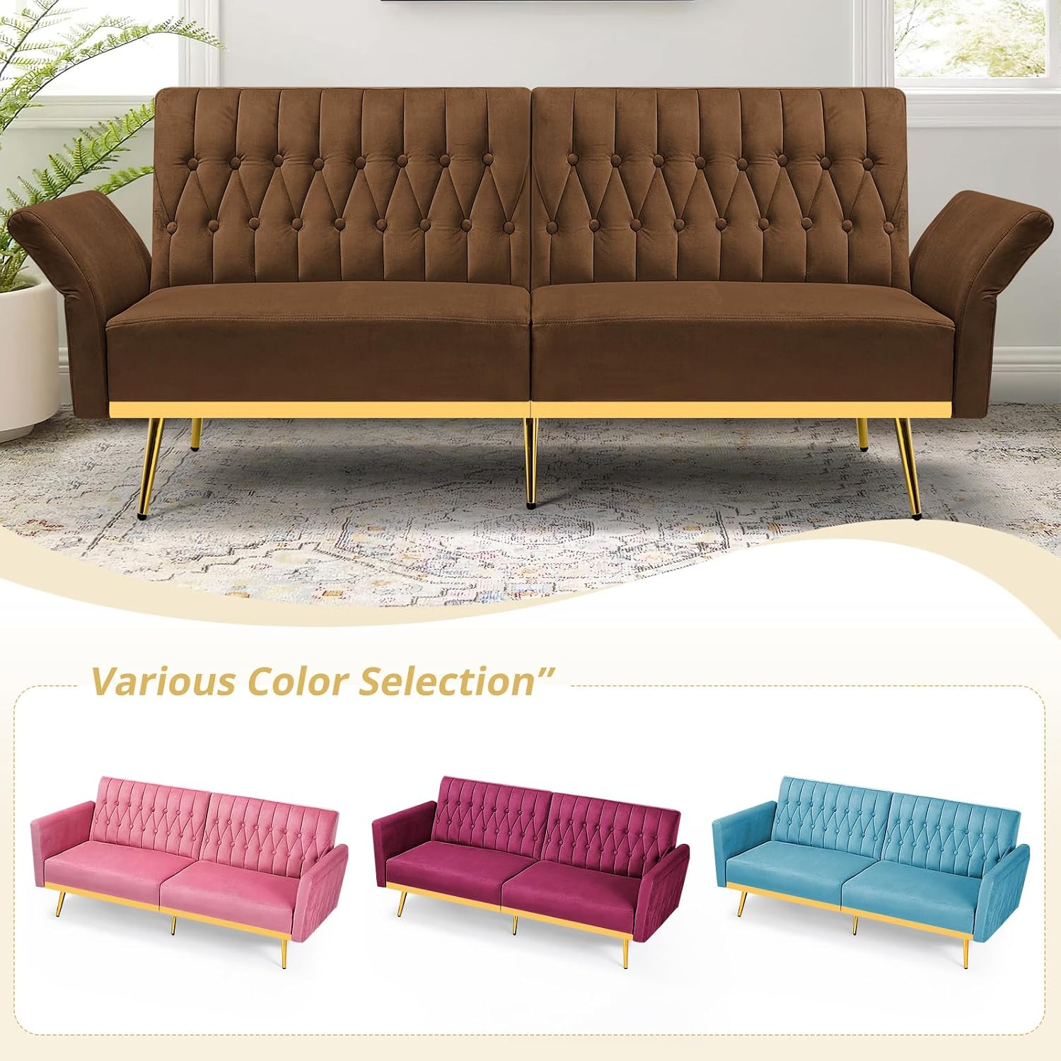 2 Pieces Velvet Sofa Set with Adjustable Armrest and Backrest, 70' Convertible Futon Sofa Bed & Mordern Accent Chair with Ottoman for Living Room, Bedroom, Brown