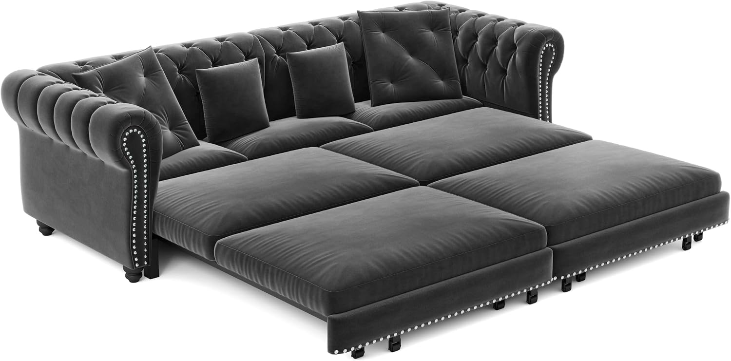 89' King Pull Out Sofa Bed, Velvet Chesterfield Sleeper Sofa Couch, 3 in 1 Convertible Tufted Futon Couches with Ottoman for Living Room, Small Space, Apartment, Office, Bedroom, Gray