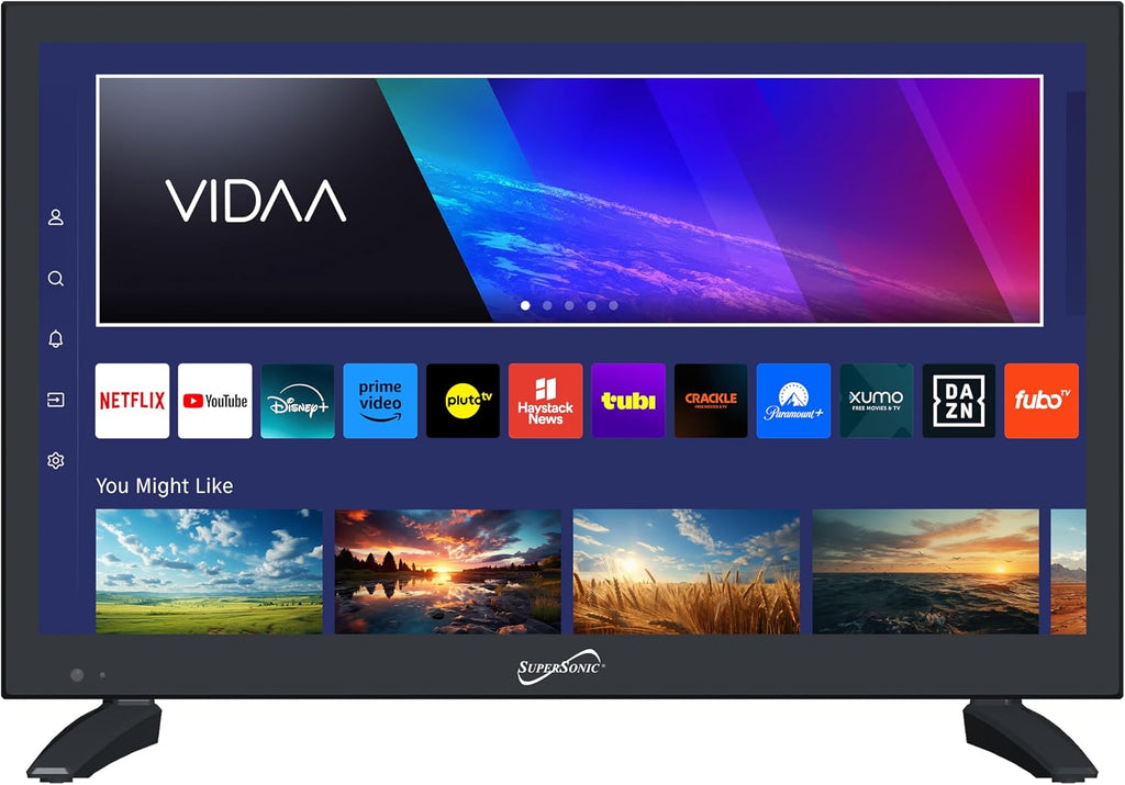 Supersonic SC-1920VTV 18.5inch Smart AC/DC LED TV, Powered by VIDAA, 1080p, WiFi, Built-in Speakers, USB, 3X HDMI ARC, for Kitchen, RV, Boat, Truck, Playroom, Dorm Room, Remote, DC Car Cord Included