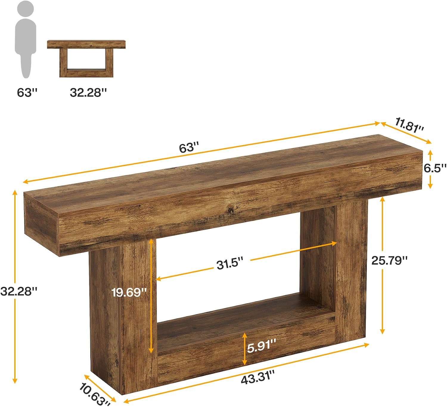 Tribesigns 63' Console Table, Farmhouse 2-Tier Entryway Table with U-Shaped Base, Narrow Long Wood Sofa Table Behind Couch Table for Living Room, Hallway, Foyer, Vintage Brown