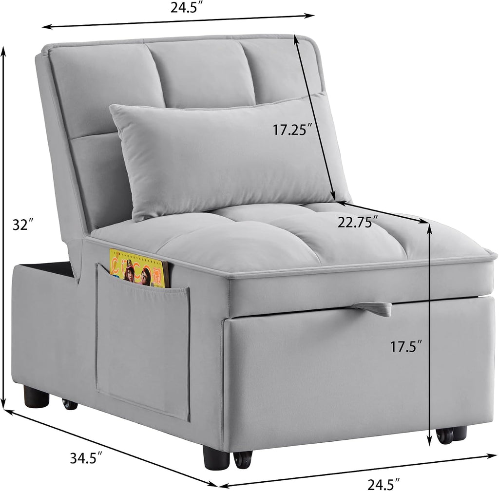 YOPTO Multi-Function Convertible Single Sleeper Sofa Bed with Storage Pockets,Velvet Tufted Pull-Out Couch Bed 4in1 W/Adjustable Backrest & Pillows,Chaise Lounge for Living Room,Small Space,Gray