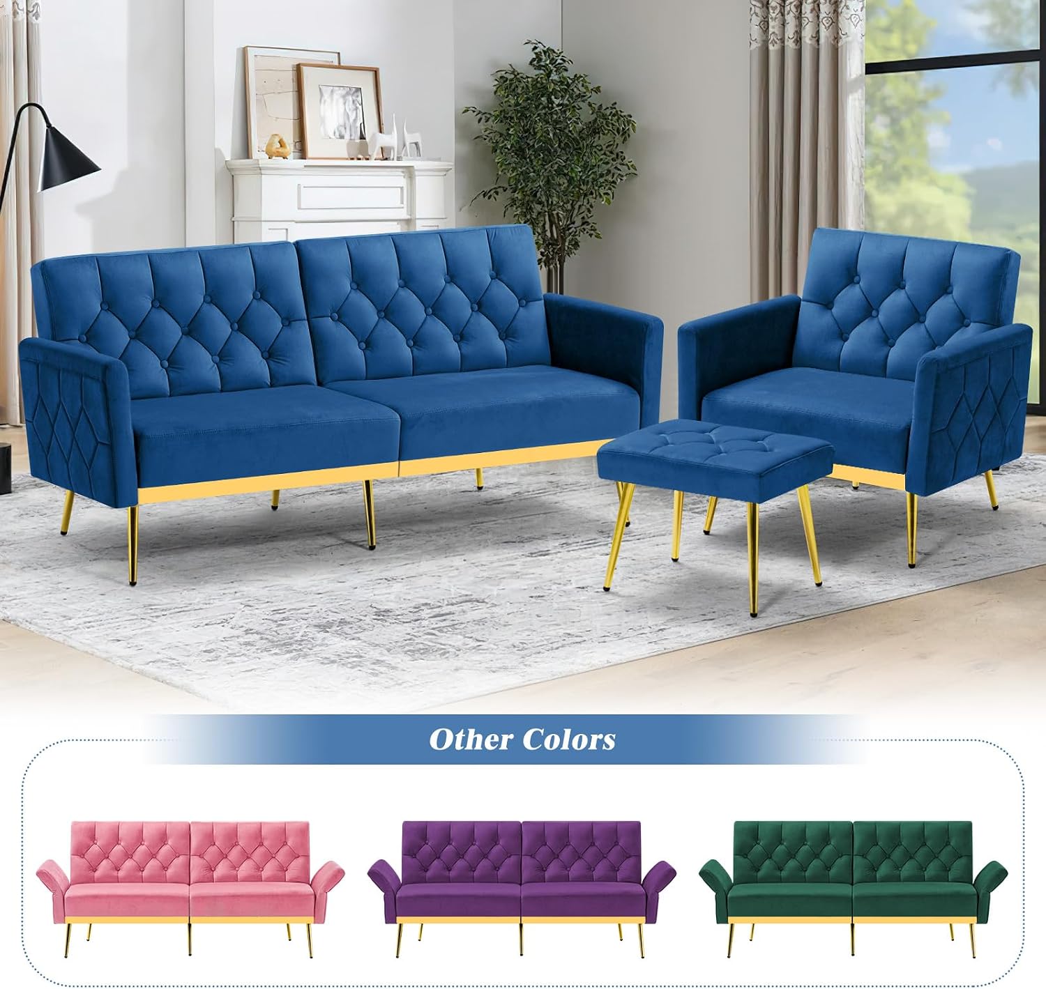 Velvet Futon Sofa Bed w/Adjustable Armrests & Backrests, Button Tufted Sleeper Couch, Modern Convertible Loveseat Sofa for Bedroom, Living Room, Apartment, Blue