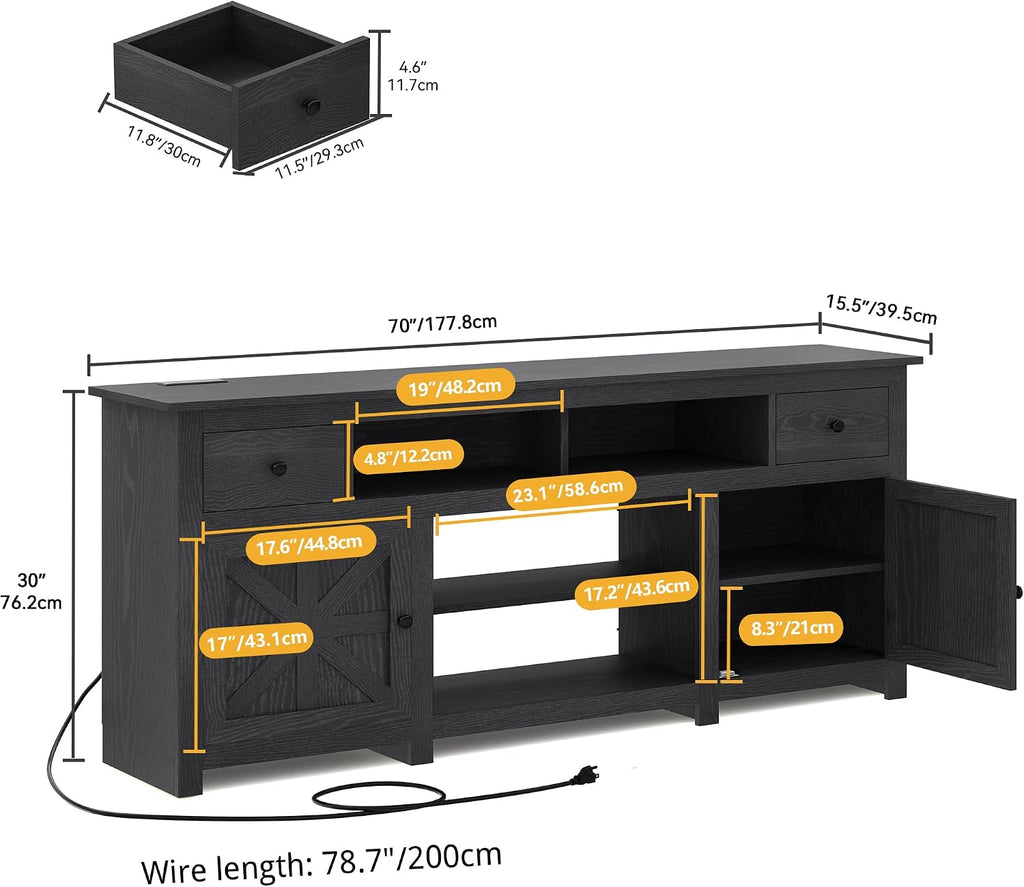 DWVO Farmhouse TV Stand for 75/80 Inches TVs, Entertainment Centers Furniture 30' Tall, TV Consoles with Storage Drawers & Power Outlet, Rustic TV Stands for Living Room, Black