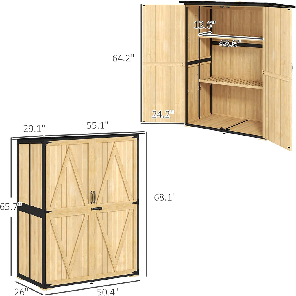 Outsunny Outdoor Storage Cabinet, Wood Garden Tool Shed with Steel Frame and Asphalt Roof, Garden Storage Shed with 2 Shelves, Lockable Doors and Adjustable Feet for Patio Backyard Lawn, Natural