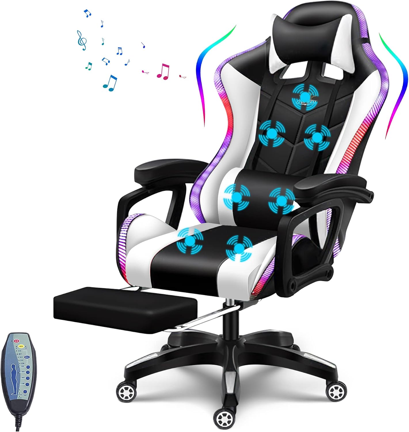Gaming Chair for Teens or Adults Ergonomic Pro Video Game Chairs with RGB Lights and Speakers Reclining Computer Chair with Footrest High Back Massage Gamer Chair Big and Tall Office Desk Chair
