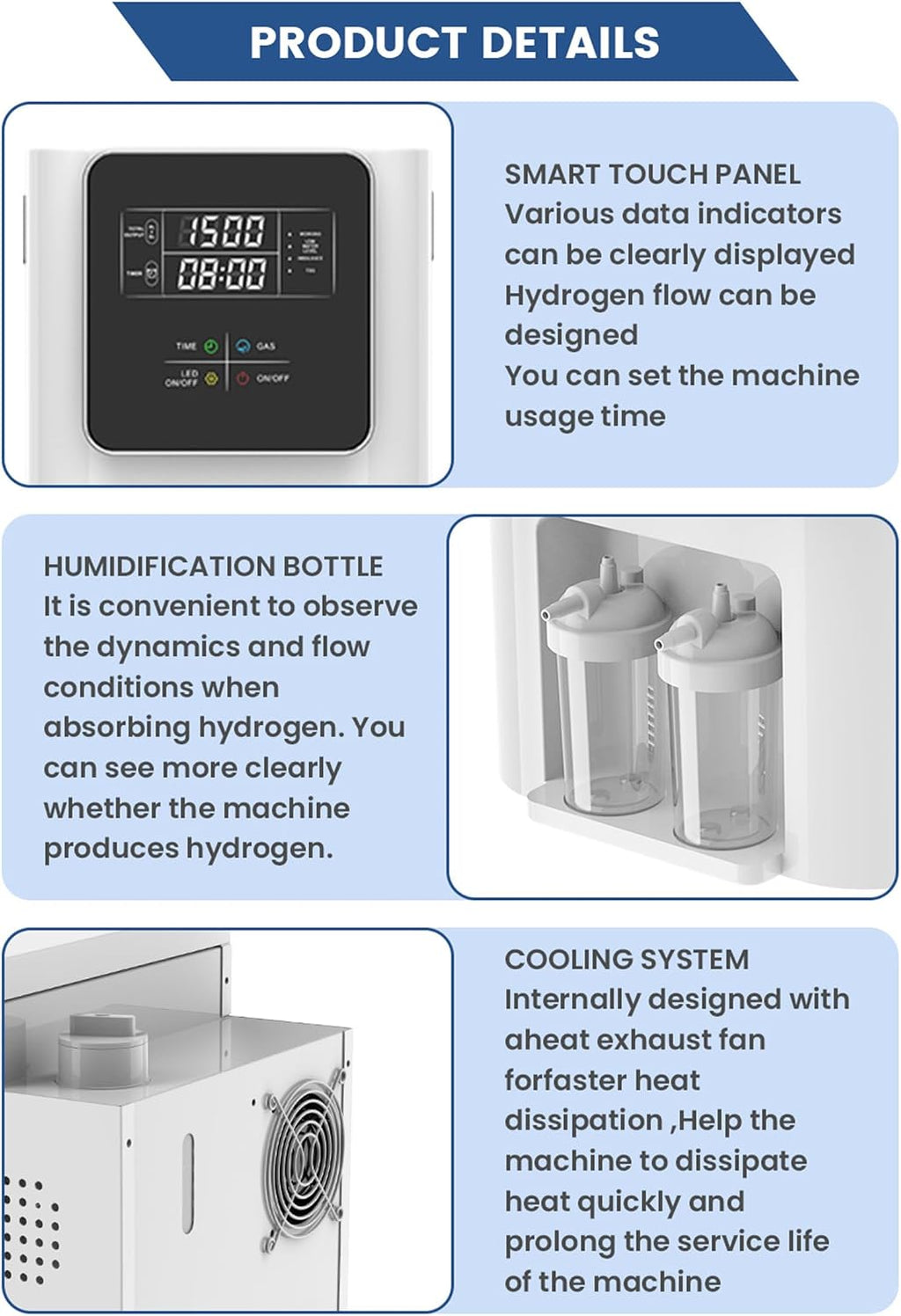 Molecular Hydrogen Inhalation Machine 99.99% High Purity Home Usage Brown Gas Generator SPE PEM Technology, 8 Hours Timer 3000ml/min